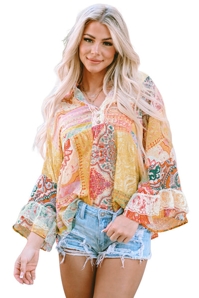 Multicolor Paisley Print Bell Sleeve Lace V-Neck Button Sheer Blouse-Tops-MomFashion