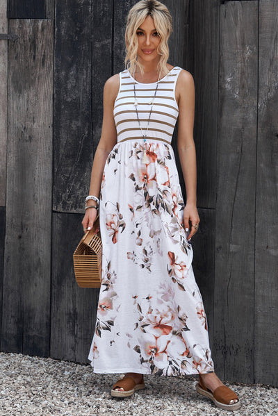 White Striped Floral Print Sleeveless Maxi Dress with Pocket-Dresses-MomFashion