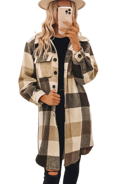 Khaki Plaid Button-Down Flap Pocket Long Shacket-Outerwear-MomFashion