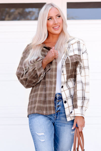 Brown Mixed Plaid Soft Oversized Shirt-Tops-MomFashion