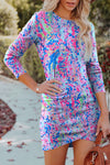 Sky Blue Floral Print Crossed Hem Long Sleeve Mini Dress-Dresses-MomFashion