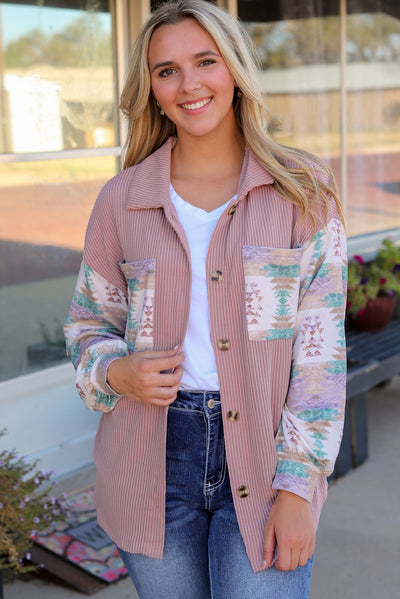 Pink Toltec Corduroy Contrast Shacket-Outerwear-MomFashion