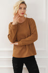 Brown Solid Color Quilted Puff Sleeve Pullover Sweatshirt-Tops-MomFashion