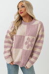 Orchid Petal Checkered Floral Print Striped Sleeve Sweater-Tops-MomFashion