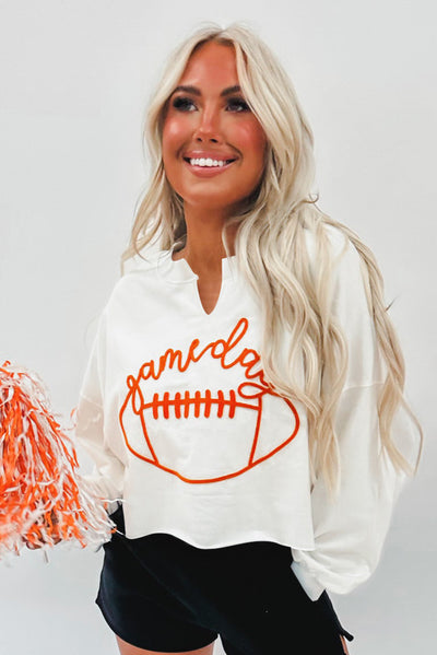 Bright White Game Day Lettering Rugby Notched Neck Sweatshirt-Tops-MomFashion