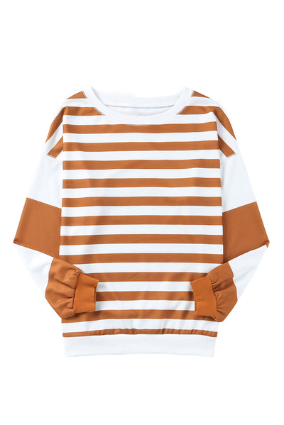 Brown Stripe Drop Shoulder Striped Pullover Sweatshirt-Tops-MomFashion