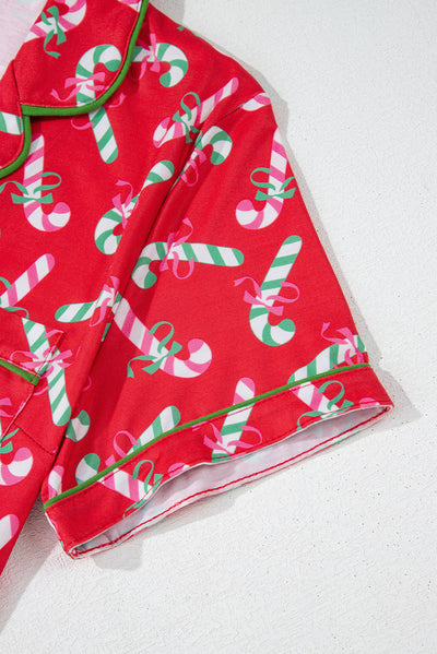 Red Christmas Candy Cane Print Pocketed Knotted Pajama Set-Loungewear & Sleepwear/Sleepwear-MomFashion