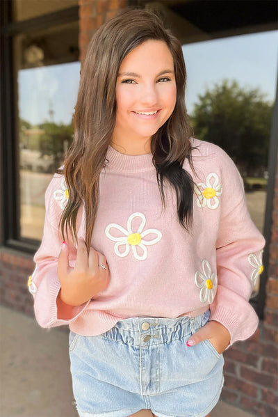 Pink Chenille Daisy Stitching Crew Neck Sweater-Tops-MomFashion