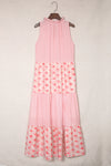 Pink Abstract Print Split Neck Sleeveless Maxi Dress-Dresses-MomFashion