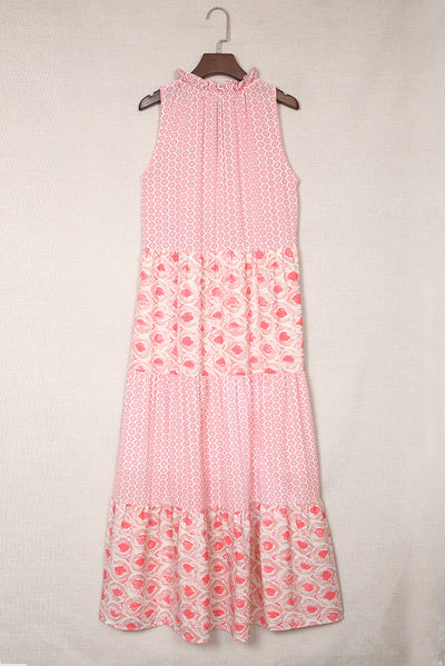 Pink Abstract Print Split Neck Sleeveless Maxi Dress-Dresses-MomFashion