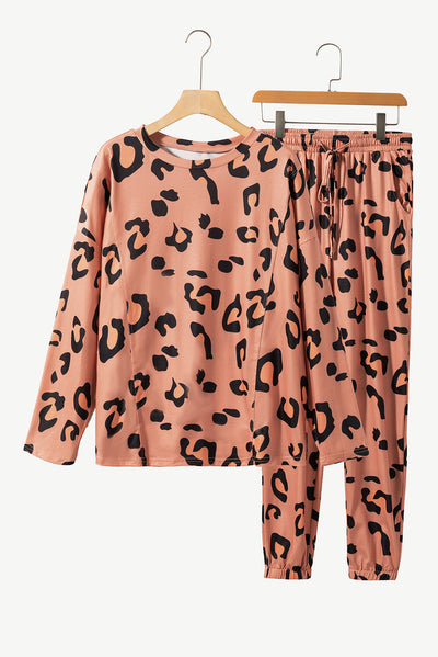 Pale Chestnut Leopard Long Sleeve Top and Drawstring Pants Set-Loungewear-MomFashion