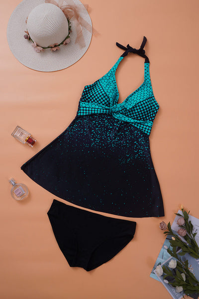 Turquoise Dot Print Halterneck Tankini Set-Swimwear-MomFashion