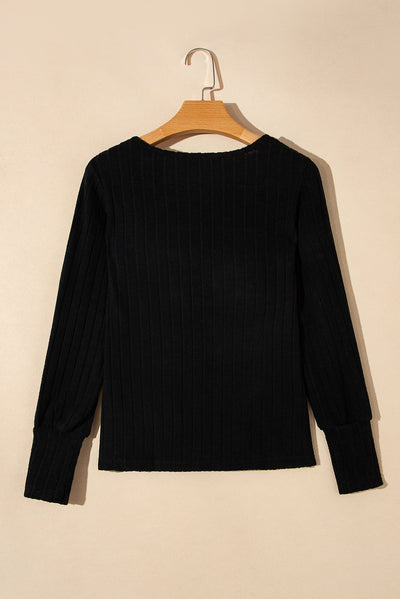 Black Ribbed Bishop Sleeve Round Neck Top-Tops-MomFashion