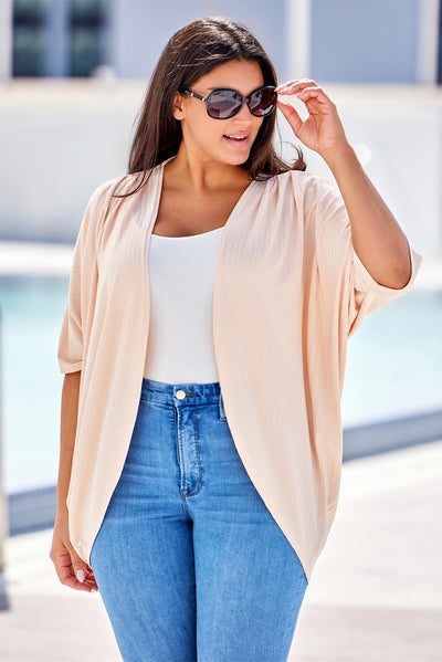 Apricot Shimmer Ribbed Texture Plus Size Cardigan-Plus Size-MomFashion