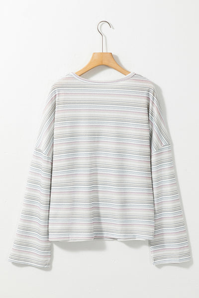 Multicolour Striped Drop Shoulder Loose Long Sleeve Knit Top-Tops-MomFashion