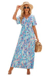 Green Wrap V Neck Floral Maxi Dress-Dresses-MomFashion