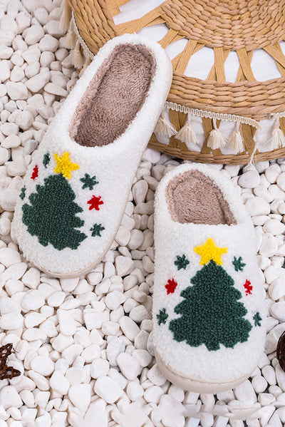 White Fuzzy Christmas Tree Pattern Home Slippers-Shoes & Bags-MomFashion