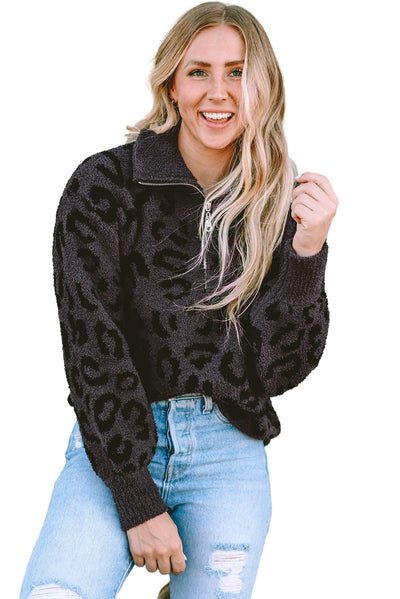 Leopard Animal Print Zipped Collared Sweater-Tops-MomFashion