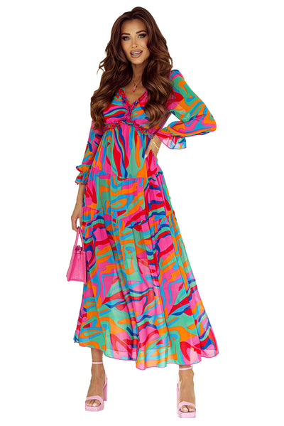 Multicolor Wild Lotus Ruffle Tiered Maxi Dress-Dresses-MomFashion