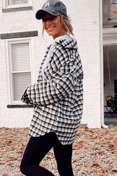 Black Plaid Print Chest Pockets Buttoned Tunic Shacket-Outerwear-MomFashion