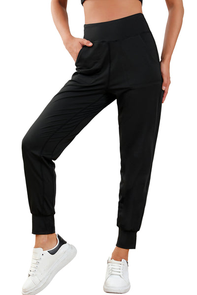 Black Exposed Seam High Waist Pocketed Joggers-Bottoms-MomFashion