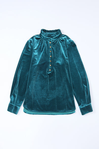 Green Frilled Neck Buttoned Front Velvet Top-Tops-MomFashion