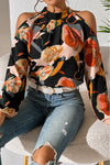 Black Floral Print Cold Shoulder Lantern Sleeve Blouse-Tops-MomFashion