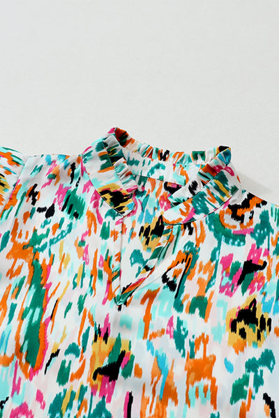 Multicolor Abstract Print 3/4 Puff Sleeve Ruffle Blouse-Tops-MomFashion