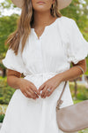 White Puff Sleeve Drawstring Shirt Dress with Pockets-Dresses-MomFashion