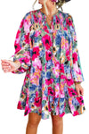 Multicolour Floral Tie Neck Bubble Sleeve Shift Dress-Dresses-MomFashion