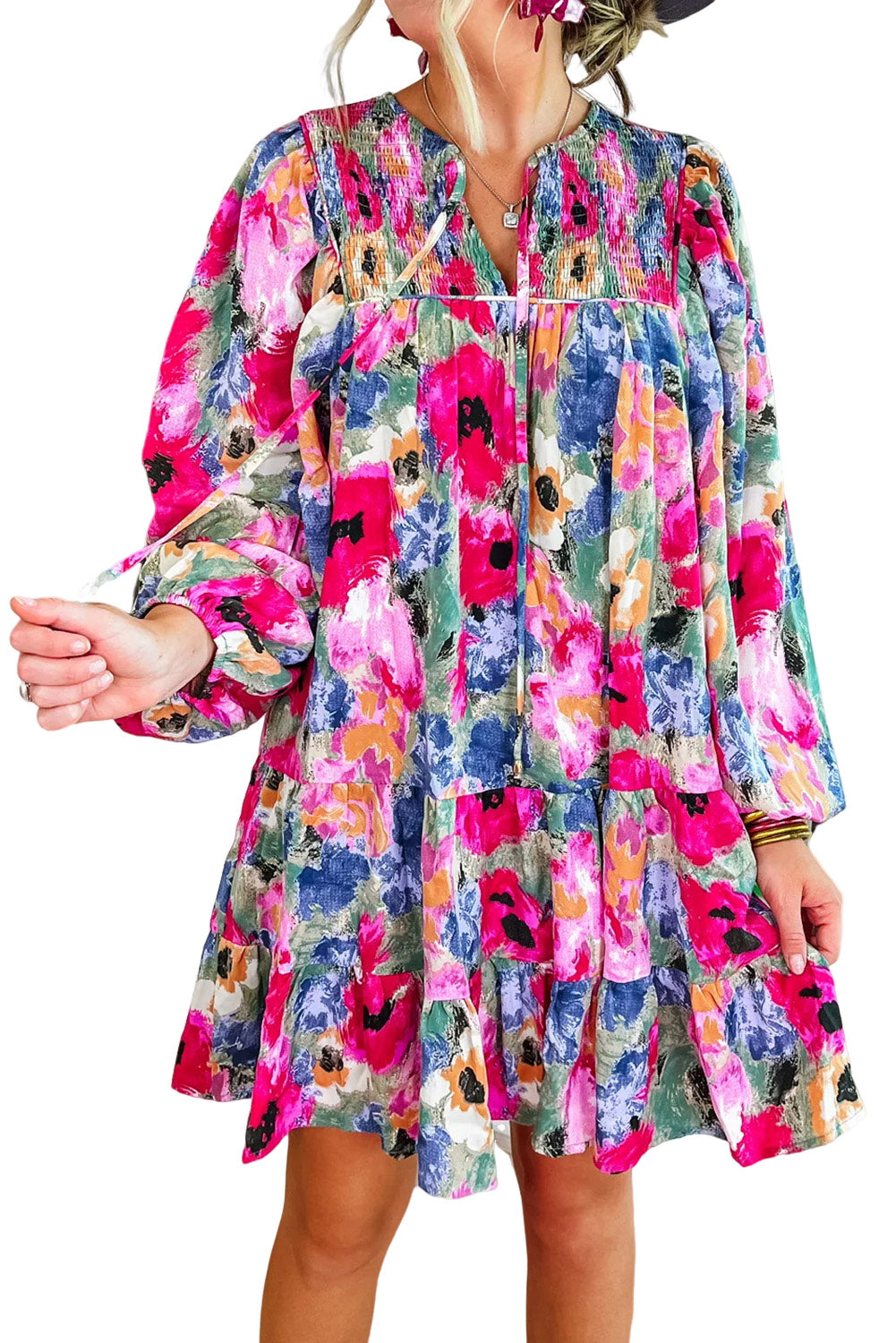 Multicolour Floral Tie Neck Bubble Sleeve Shift Dress-Dresses-MomFashion