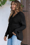 Black V Neck Ribbed Drop Shoulder Hooded Sweater-Tops-MomFashion