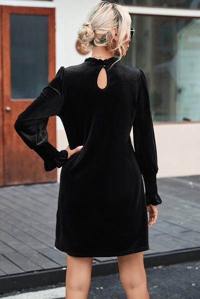 Black Velvet Frill Neck Long Sleeve Shift Dress-Dresses-MomFashion