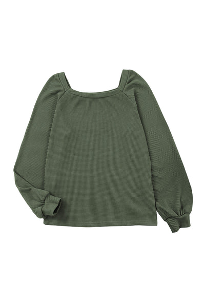 Green Scoop Neck Puff Sleeve Waffle Knit Top-Tops-MomFashion