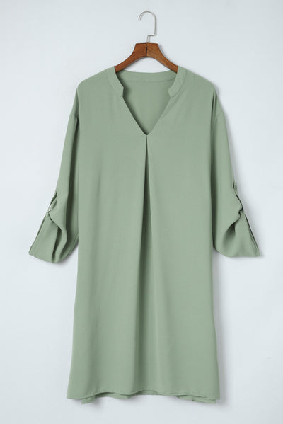 Green Roll-tab Sleeve Flowy Casual Dress-Dresses-MomFashion