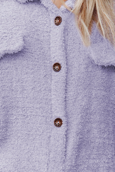 Purple Plush Button Down Pocketed Shirt Jacket-Outerwear-MomFashion