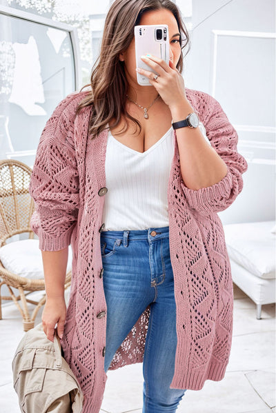 Pink Open Knit Button-Up Plus Size Cardigan-Plus Size-MomFashion