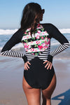 Floral Striped Patchwork Rashguard One-piece Swimsuit-Swimwear-MomFashion