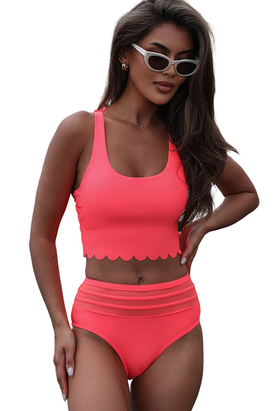 Pink Scalloped Criss Cross High Waist Bikini-Swimwear-MomFashion