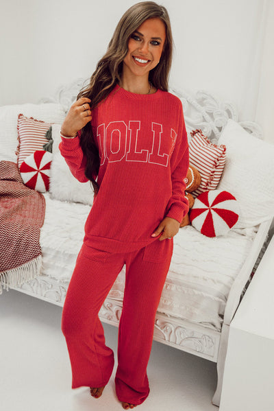 Fiery Red JOLLY Corded Long Sleeve Top and Pockets Pants Set-Two Piece Sets/Pant Sets-MomFashion