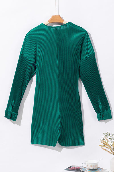 Sea Green Ribbed Long Sleeve Button Front Romper-Bottoms-MomFashion