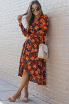 Orange Floral Print Faux Wrap Belted Dress-Dresses-MomFashion