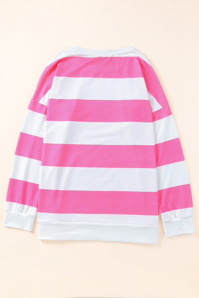 Pink Striped Side Slit Plus Size Sweatshirt-Plus Size-MomFashion