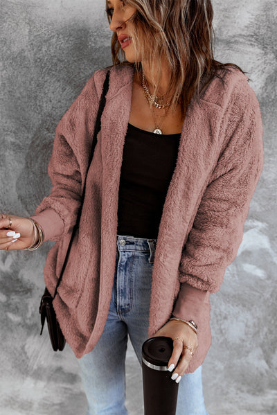 Pink Soft Fleece Hooded Open Front Coat-Outerwear-MomFashion