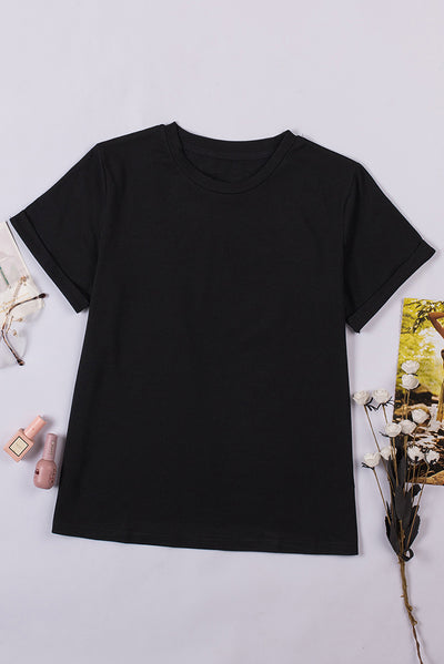 Black Solid Color Crew Neck Tee-Tops-MomFashion