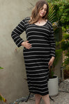 Black Plus Size Striped Loose Long Shift Dress-Plus Size-MomFashion