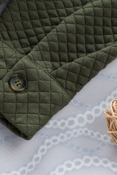 Green Retro Quilted Flap Pocket Button Shacket-Outerwear-MomFashion