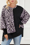 Black Leopard Patchwork Bishop Sleeve Slit Sweatshirt-Tops-MomFashion