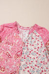 Pink Mixed Floral Printed Puff Sleeve V-Neck Shirt-Tops-MomFashion