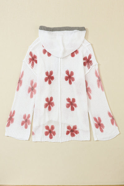 White Floral Print Lightweight Knit Hooded Sweater-Tops-MomFashion